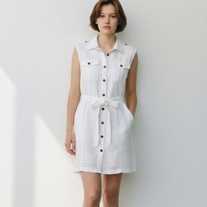 EUC H&M White Linen Sleeveless Collared Button Down Size 10 Dress!